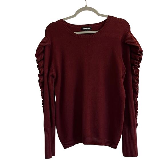 Express Ruffle Sleeve Sweater Size M Burgundy Crew Neck Pullover Dark Cherry - Picture 1 of 8